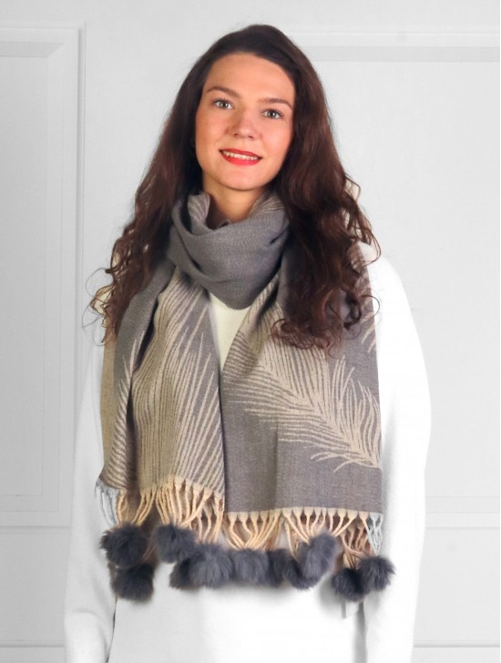 Cashmere Feeling Feather Scarf with Pom-Poms